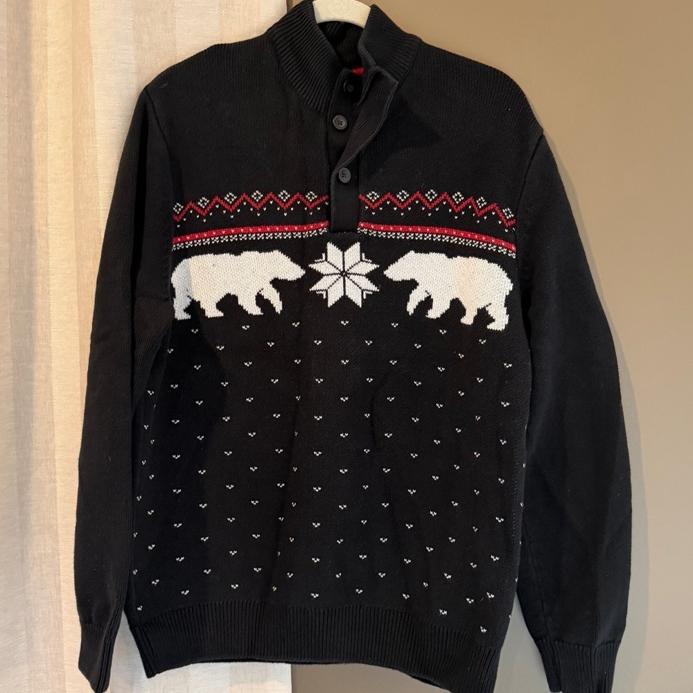 Chaps Men's Bear Christmas Ski Lodge Mockneck Sweater, Size Large